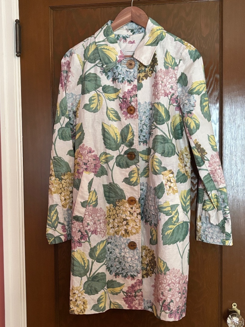 Anthropologie Mellie Hydrangea Trench Raincoat Coat S linen cotton